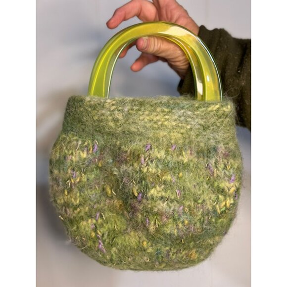 Handcrafted Green Wool Felt Handbag Y2K 2000s Butterfly Accent & Plastic Handles - Picture 6 of 7